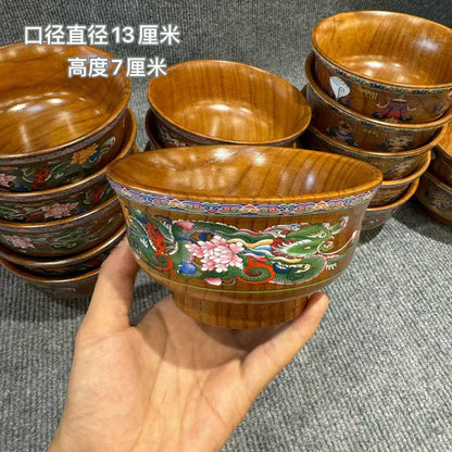 Green dragon Tibetan inspired hand painted wood bowl main view