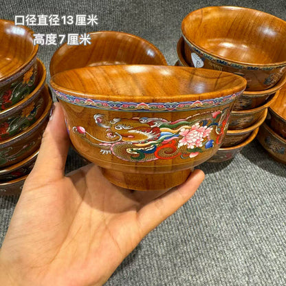 Yellow dragon Tibetan inspired hand painted wood bowl main view