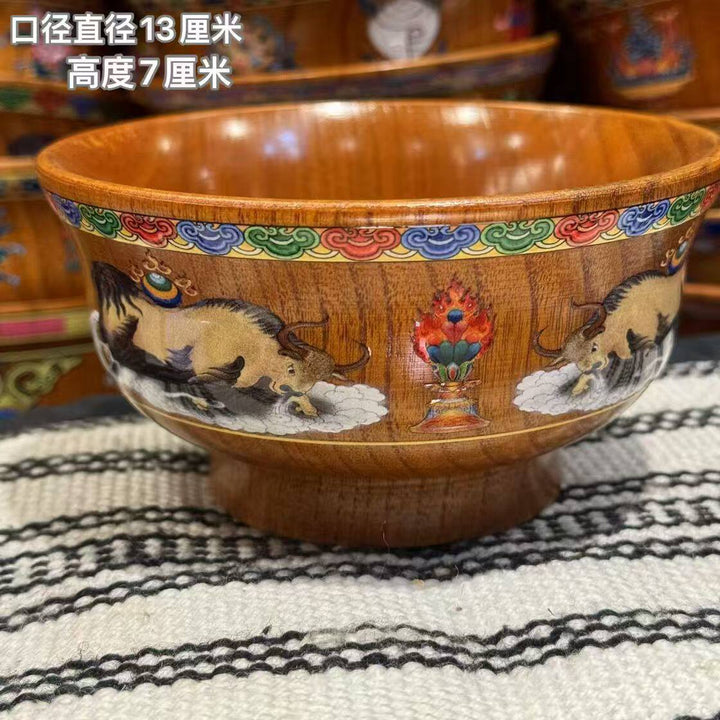 Yak Motif Tibetan-Inspired Hand-Painted Solid Wood Bowl