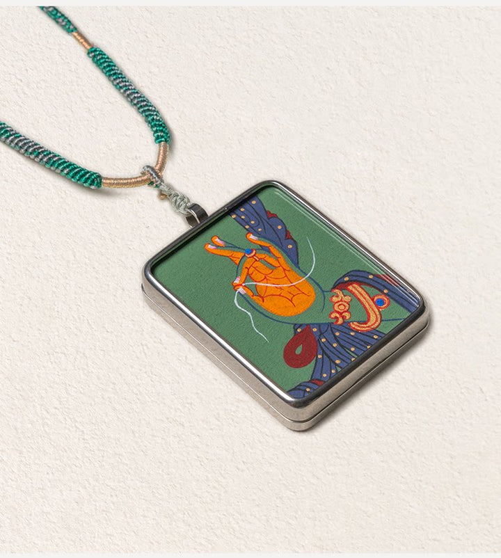 Green Tara Hand-Painted Thangka Pendant Necklace