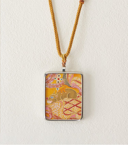 Yellow Jambhala hand painted thangka pendant necklace main view