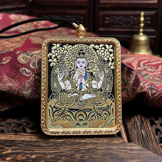 Four-Armed Avalokiteshvara hand-painted Thangka pendant front hero view