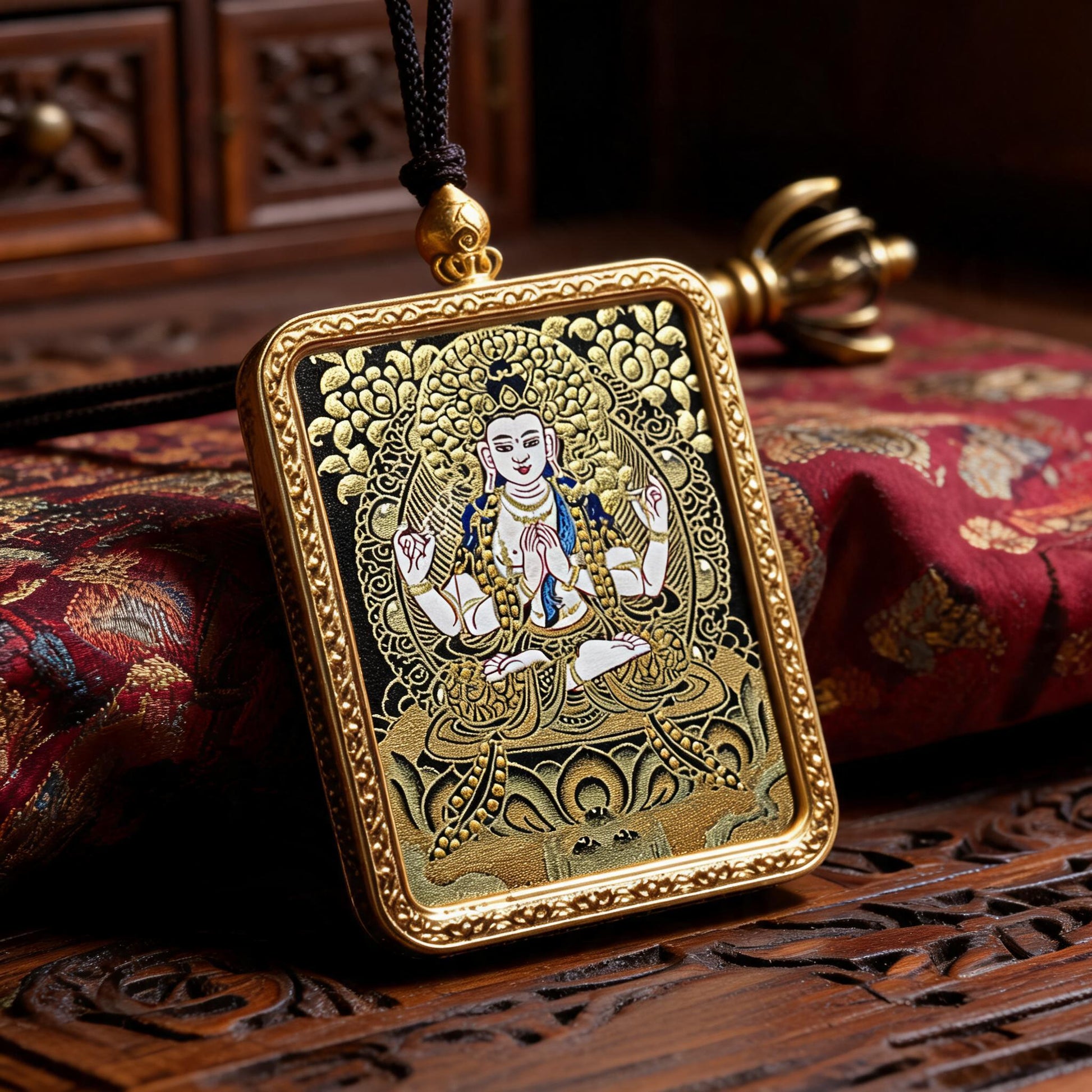 Four-Armed Avalokiteshvara hand-painted Thangka pendant three-quarter side view