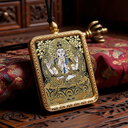 Four-Armed Avalokiteshvara hand-painted Thangka pendant three-quarter side view