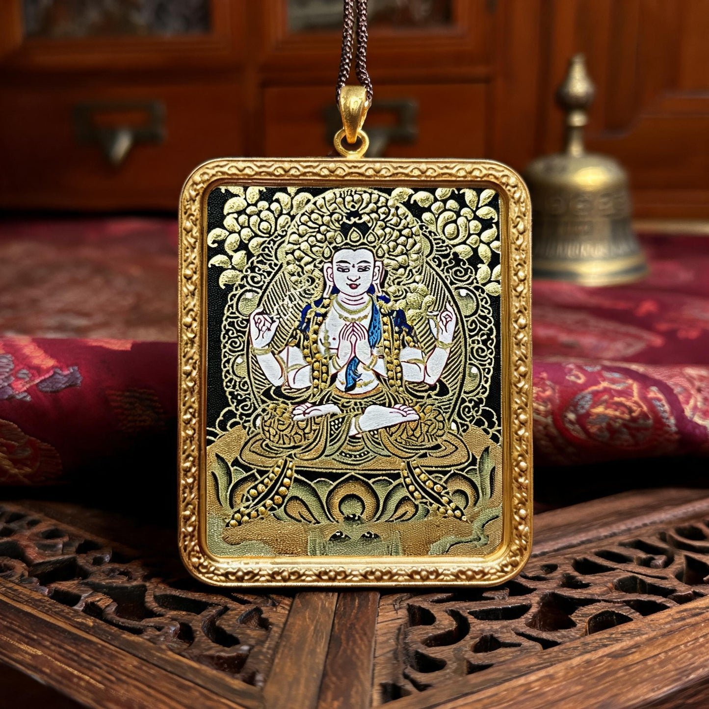 Four-Armed Avalokiteshvara hand-painted Thangka pendant hand-painted macro detail
