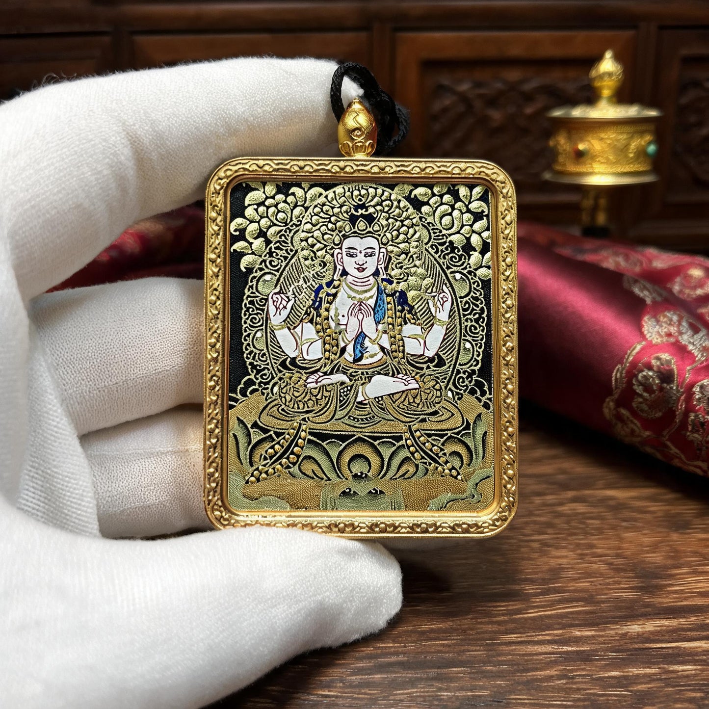 Four-Armed Avalokiteshvara hand-painted Thangka pendant white-glove collector inspection