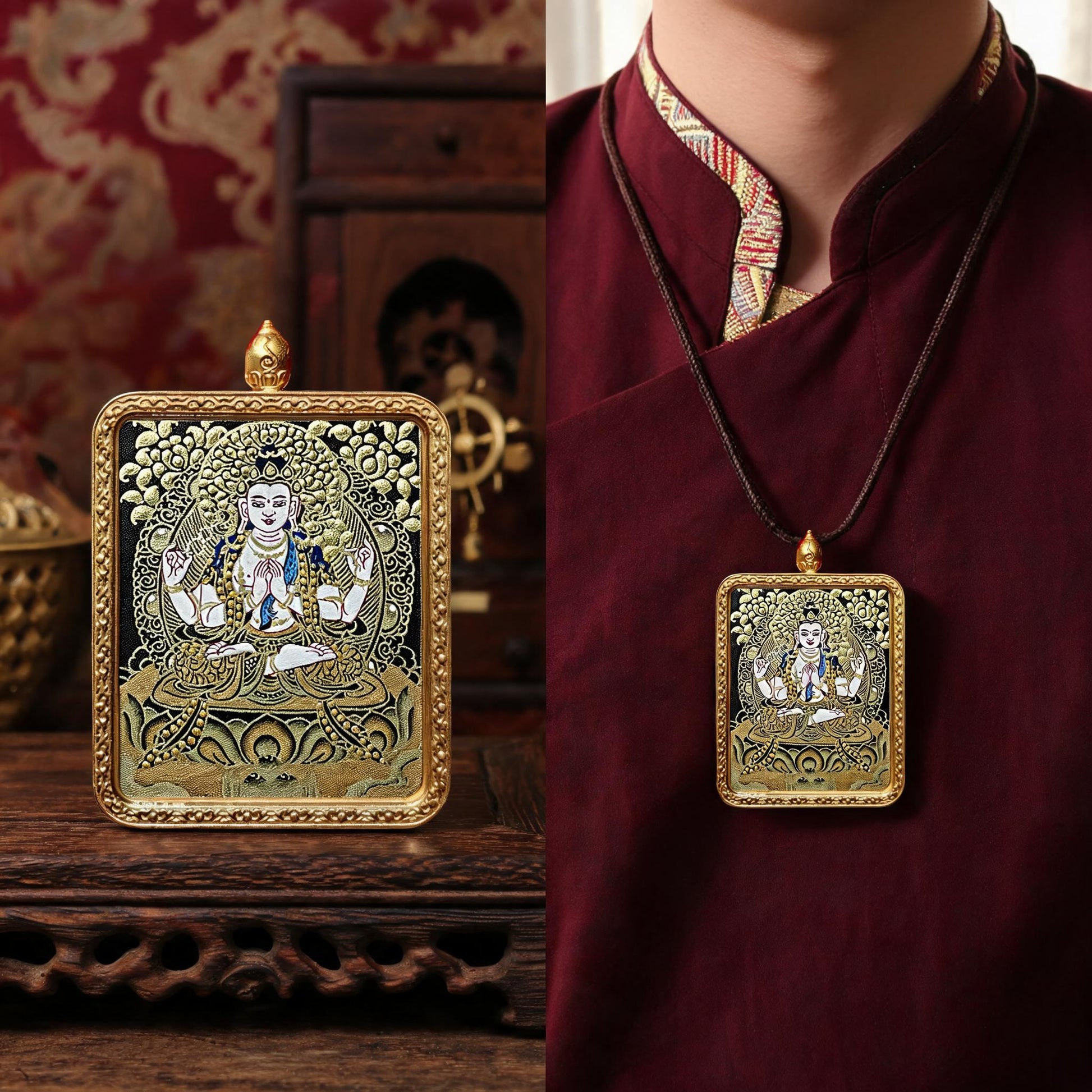 Four-Armed Avalokiteshvara hand-painted Thangka pendant proportional wearing view