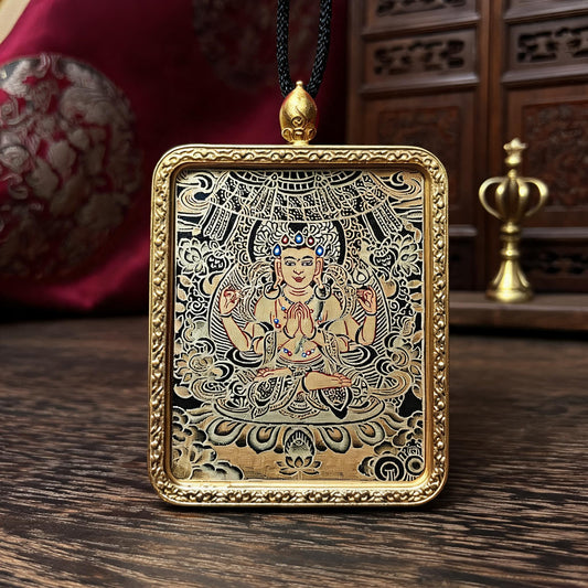 Four-Armed Avalokiteshvara hand-painted Thangka pendant front hero view