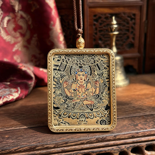 Four-Armed Avalokiteshvara hand-painted Thangka pendant three-quarter side view