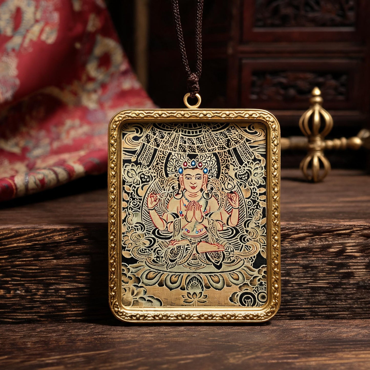 Four-Armed Avalokiteshvara hand-painted Thangka pendant hand-painted macro detail