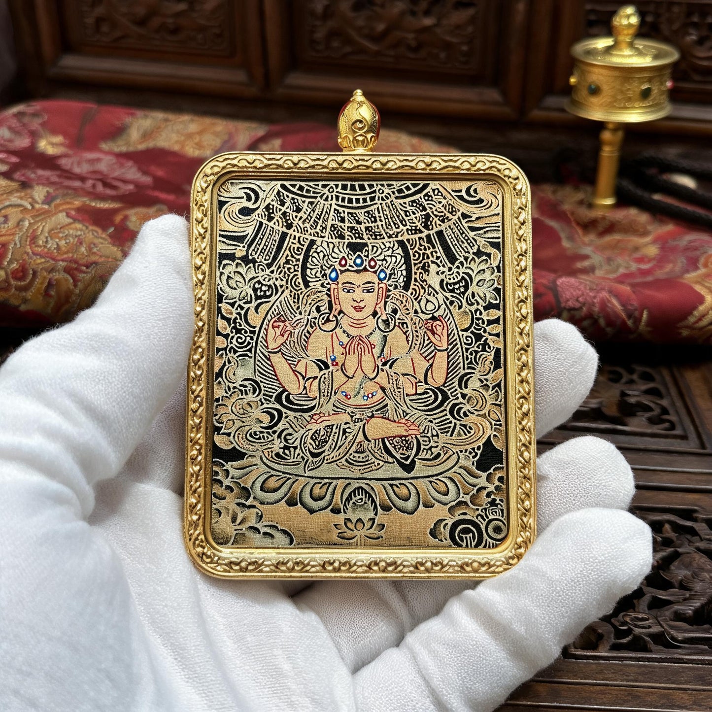 Four-Armed Avalokiteshvara hand-painted Thangka pendant white-glove collector inspection