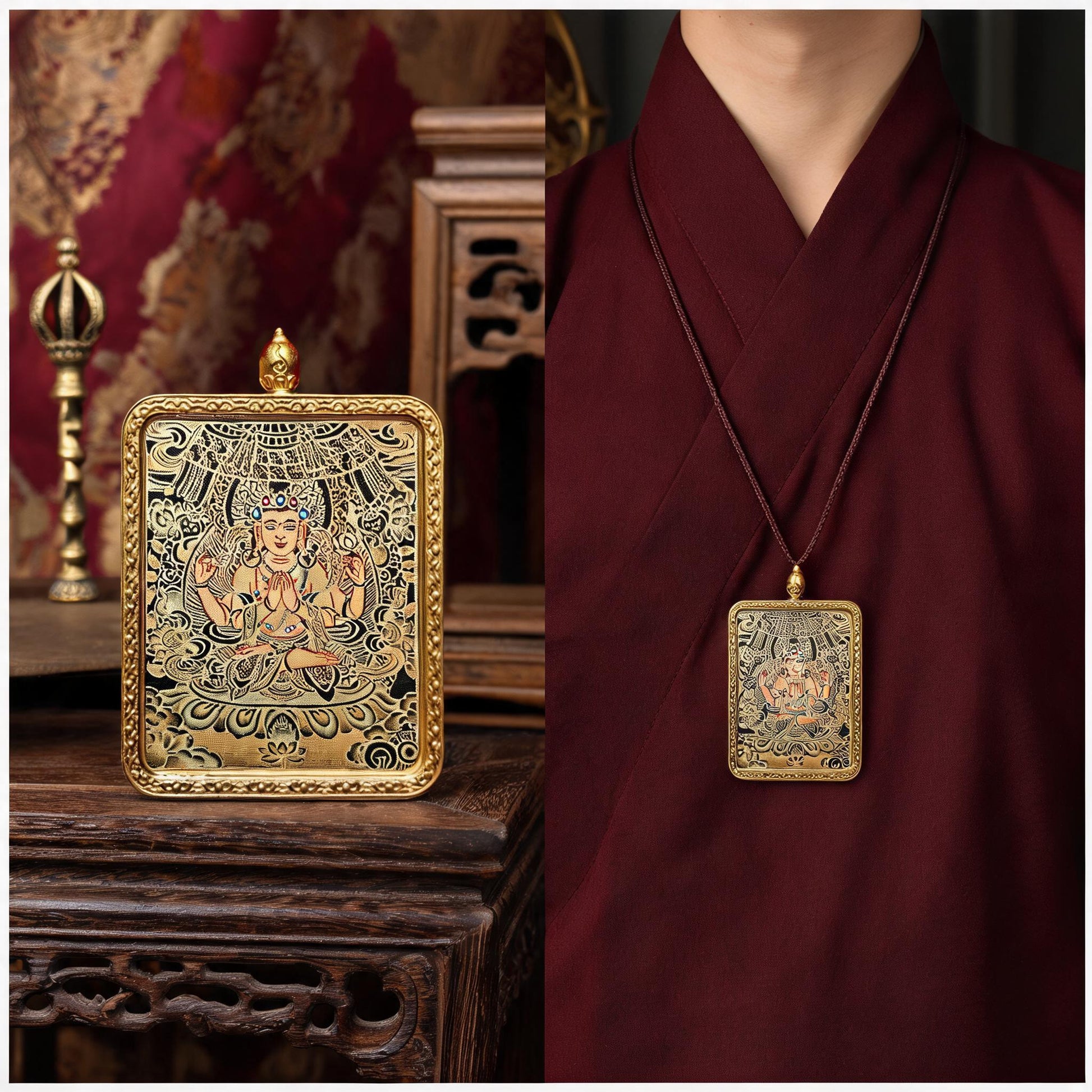 Four-Armed Avalokiteshvara hand-painted Thangka pendant proportional wearing view