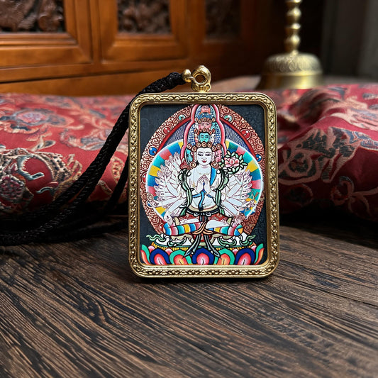 Thousand-Armed Avalokiteshvara hand-painted Thangka pendant front hero view