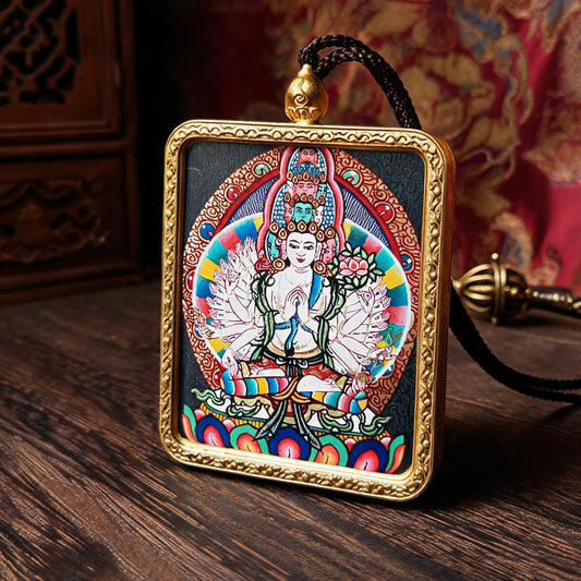 Thousand-Armed Avalokiteshvara hand-painted Thangka pendant three-quarter side view