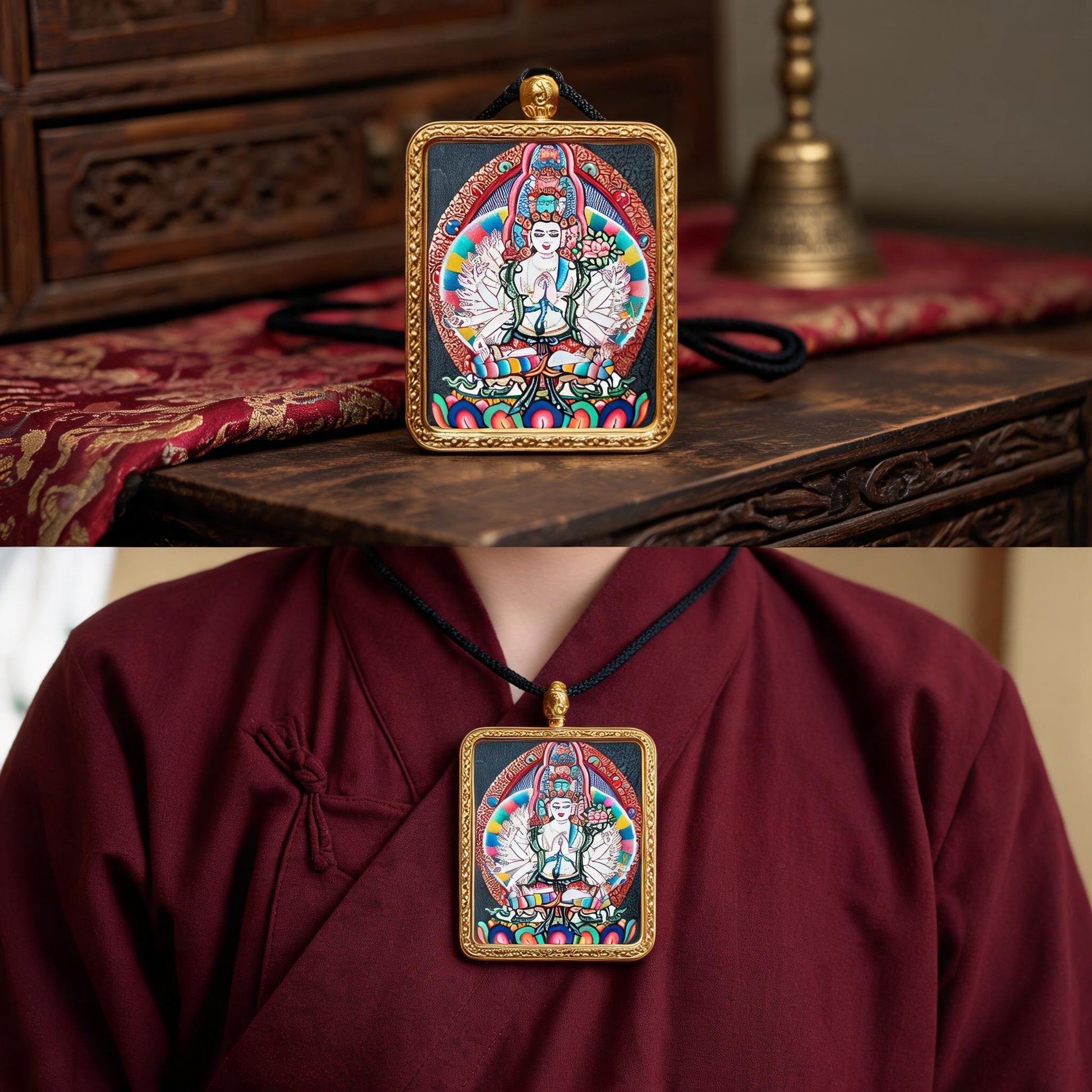 Thousand-Armed Avalokiteshvara hand-painted Thangka pendant proportional wearing view