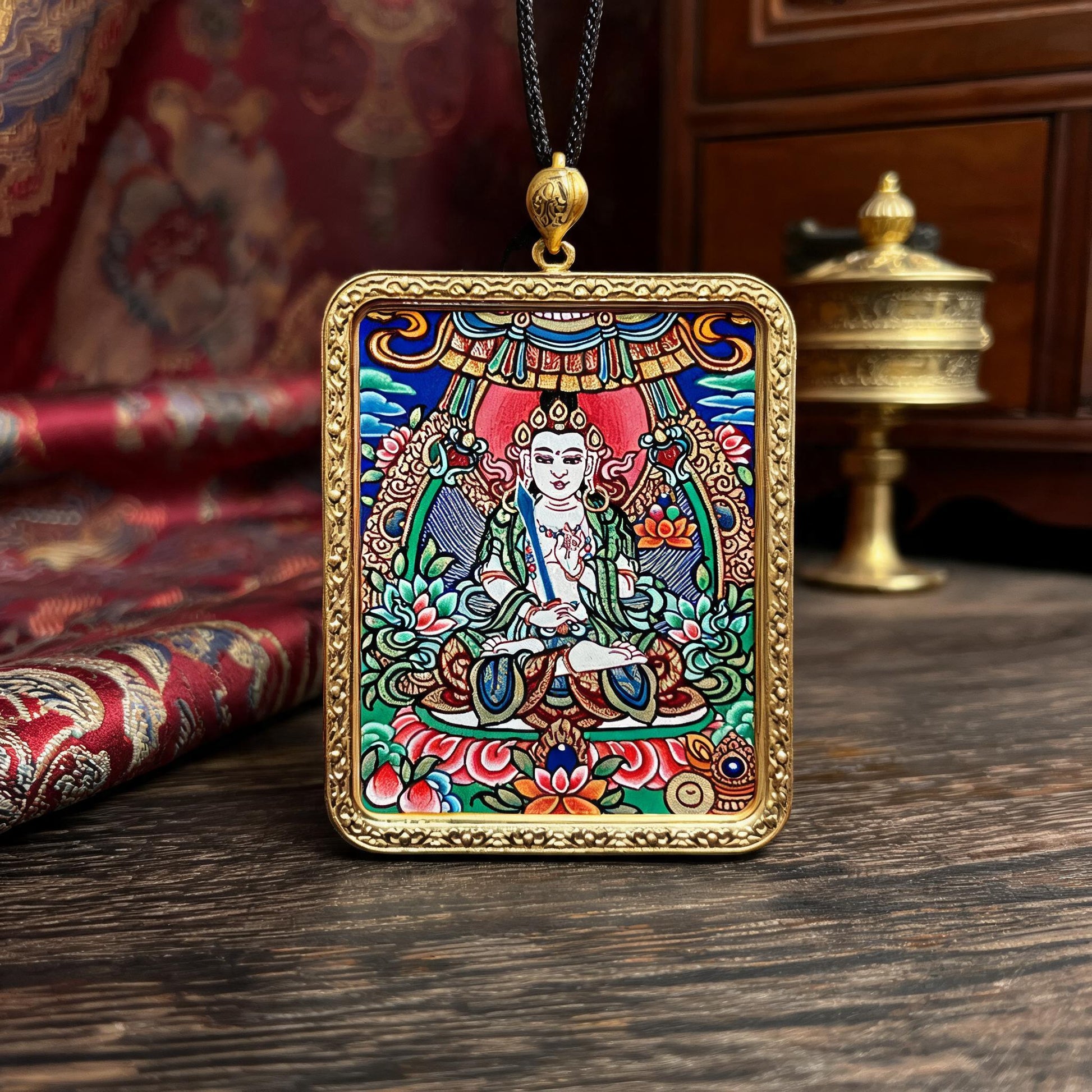 Akasagarbha Bodhisattva hand-painted Thangka pendant front hero view