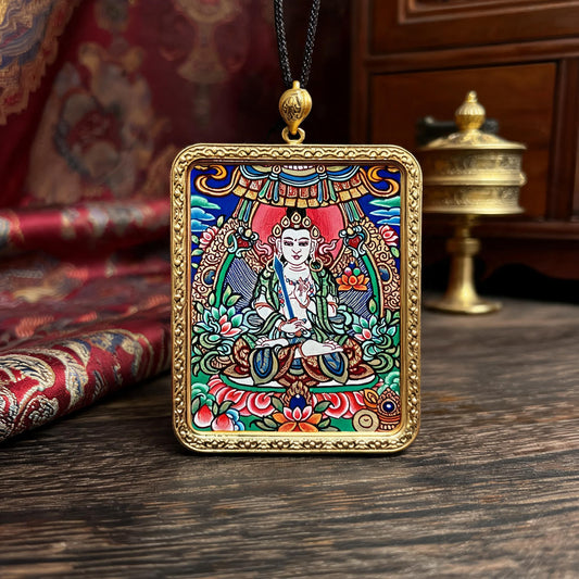Akasagarbha Bodhisattva hand-painted Thangka pendant front hero view