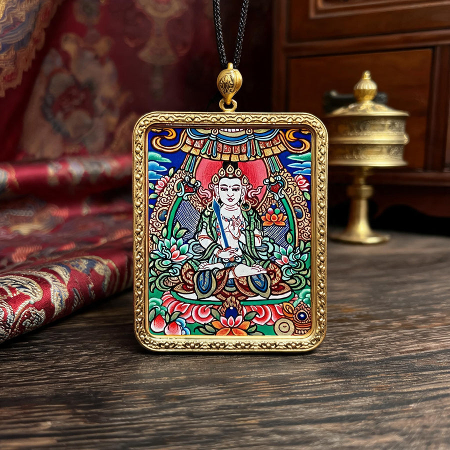 Akasagarbha Bodhisattva hand-painted Thangka pendant front hero view