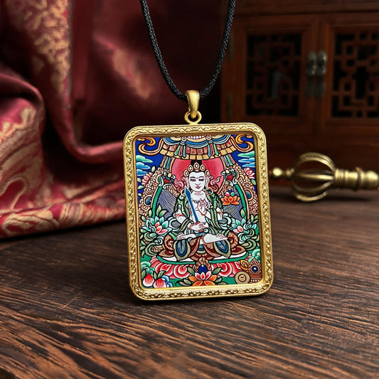 Akasagarbha Bodhisattva hand-painted Thangka pendant three-quarter side view