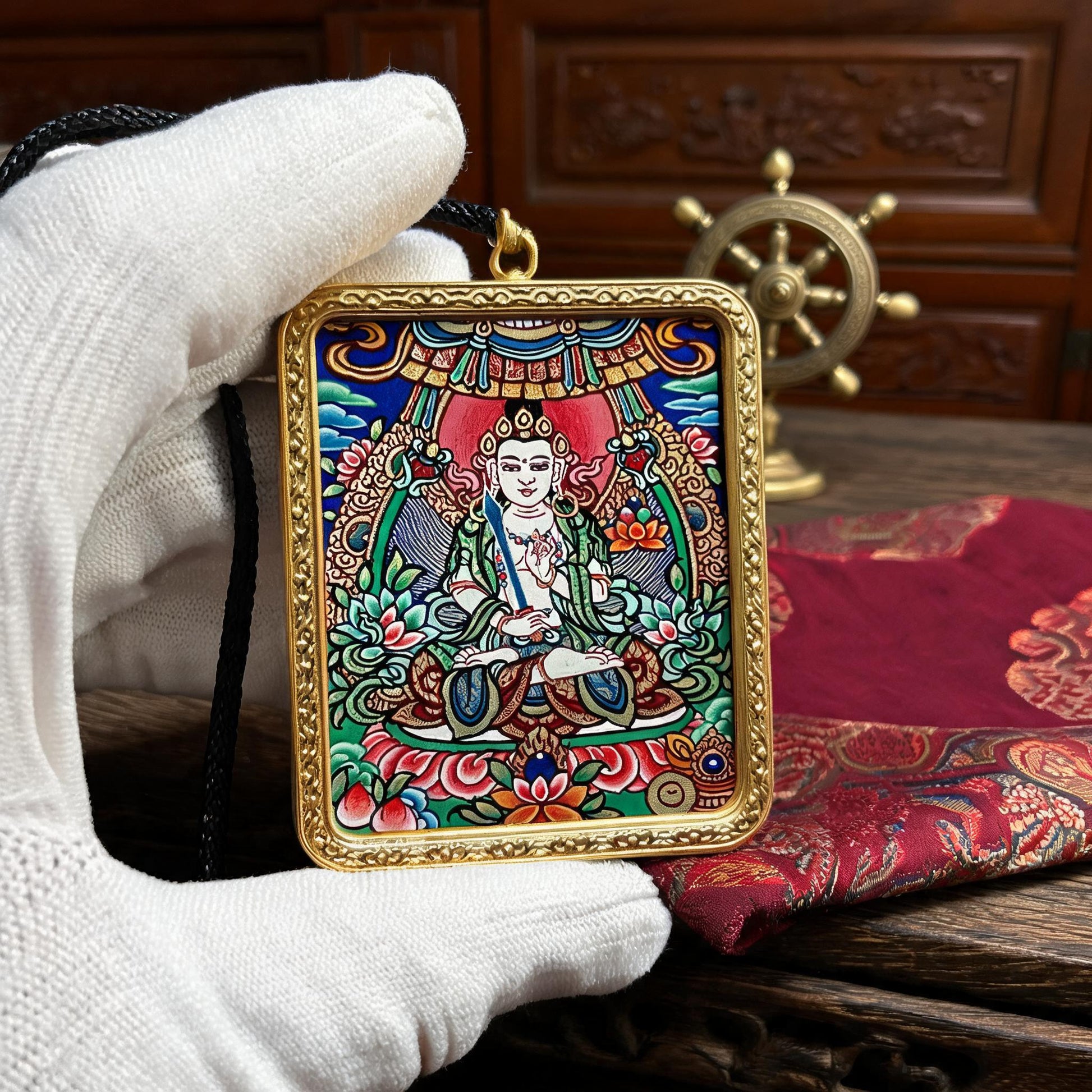 Akasagarbha Bodhisattva hand-painted Thangka pendant white-glove collector inspection