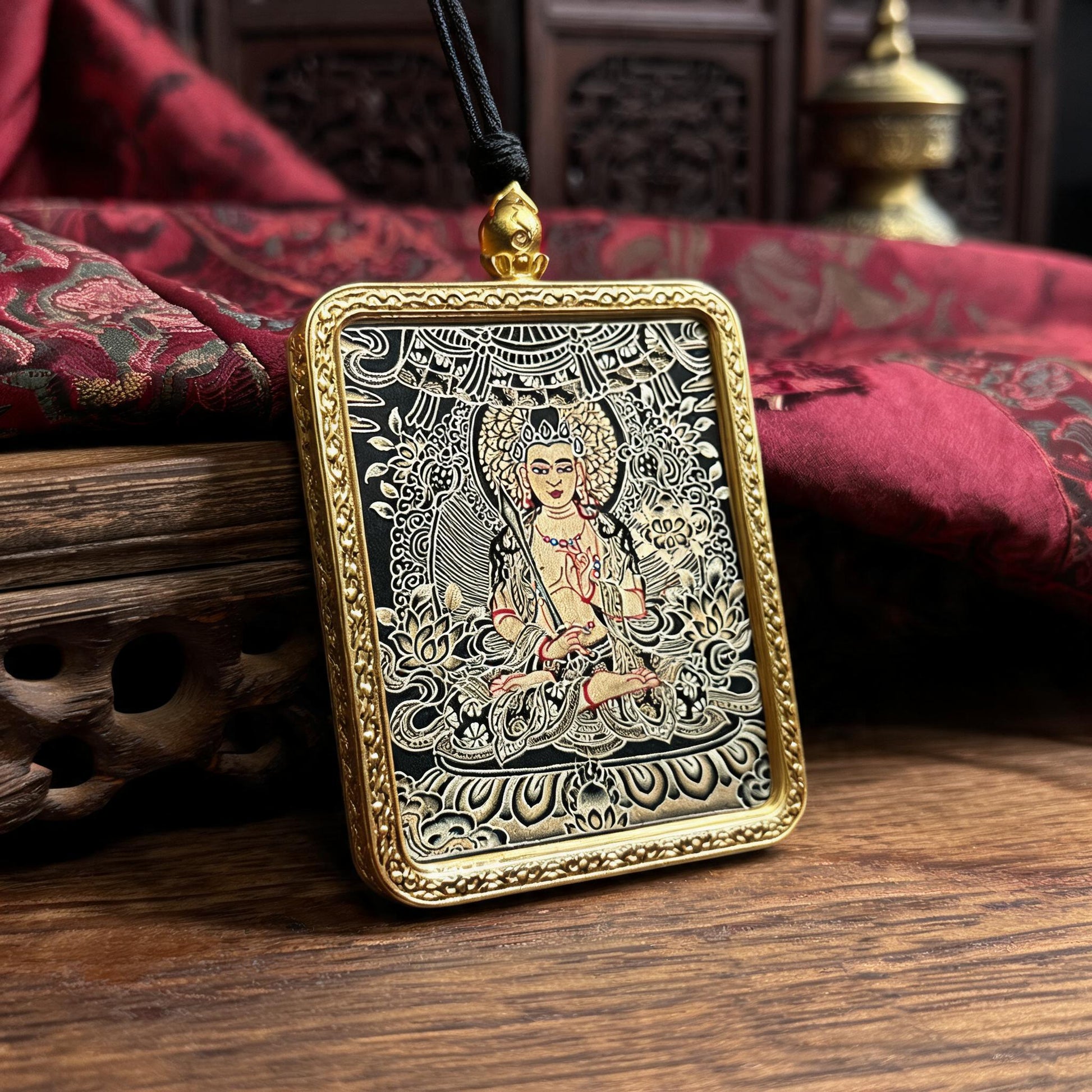 Akasagarbha Bodhisattva hand-painted Thangka pendant three-quarter side view