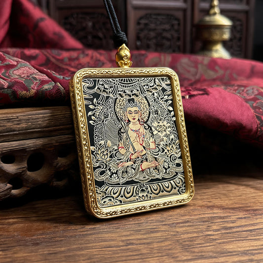 Akasagarbha Bodhisattva hand-painted Thangka pendant three-quarter side view