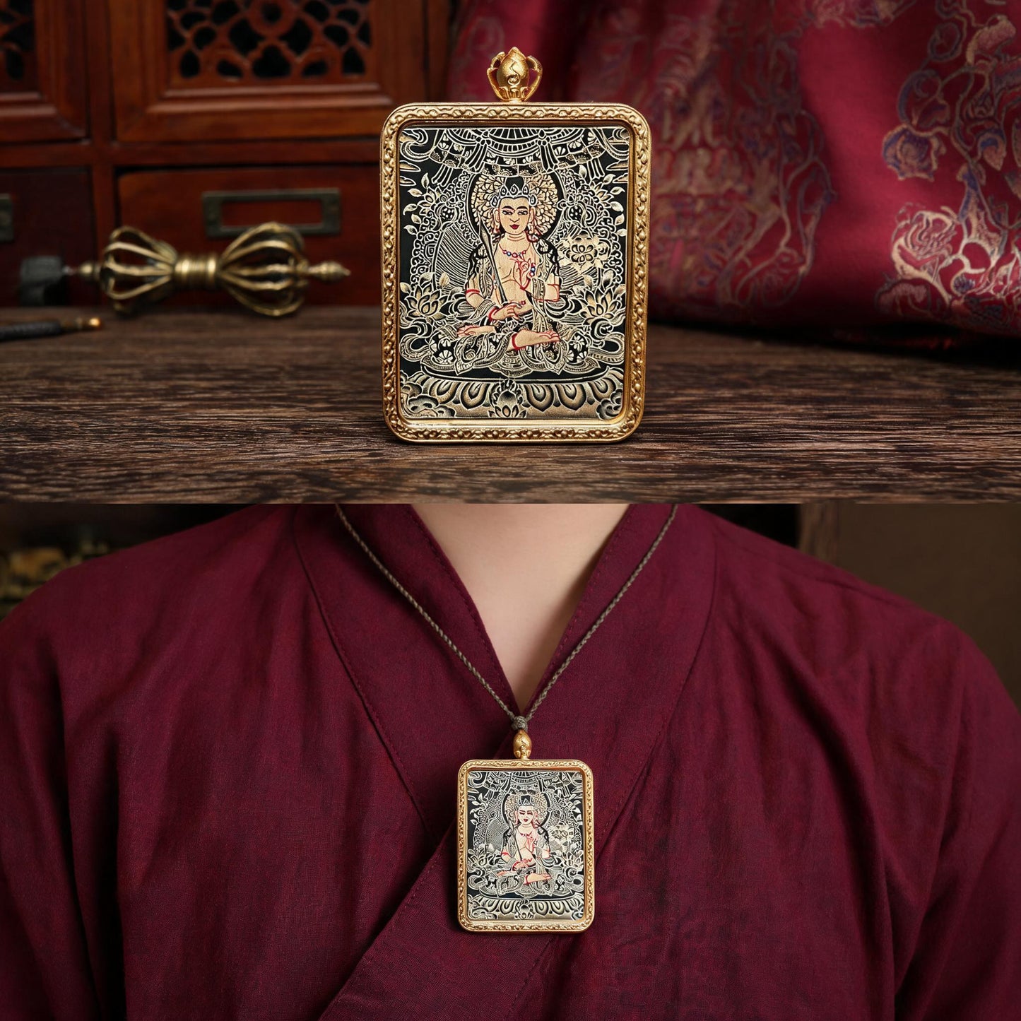 Akasagarbha Bodhisattva hand-painted Thangka pendant proportional wearing view