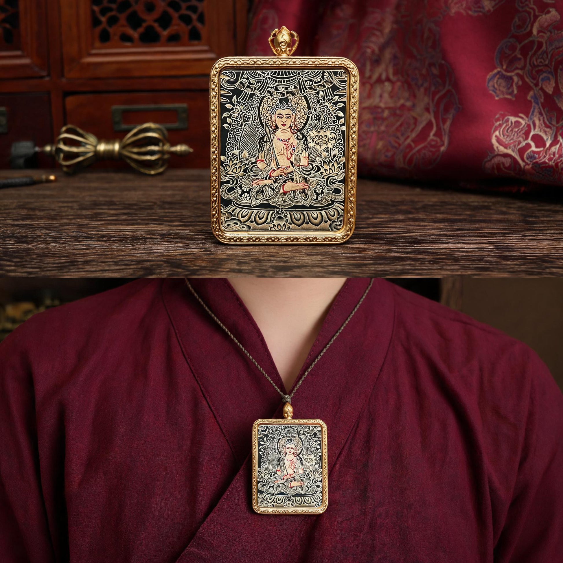 Akasagarbha Bodhisattva hand-painted Thangka pendant proportional wearing view