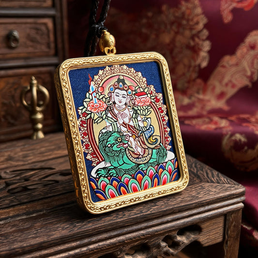Manjushri hand-painted Thangka pendant three-quarter side view