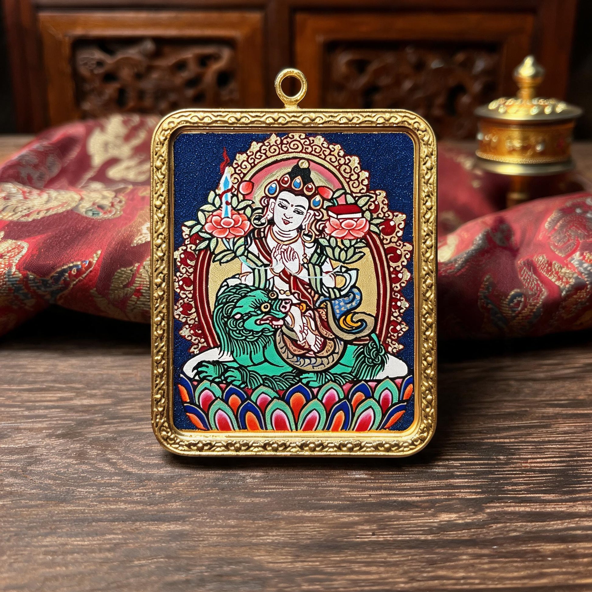 Manjushri hand-painted Thangka pendant hand-painted macro detail