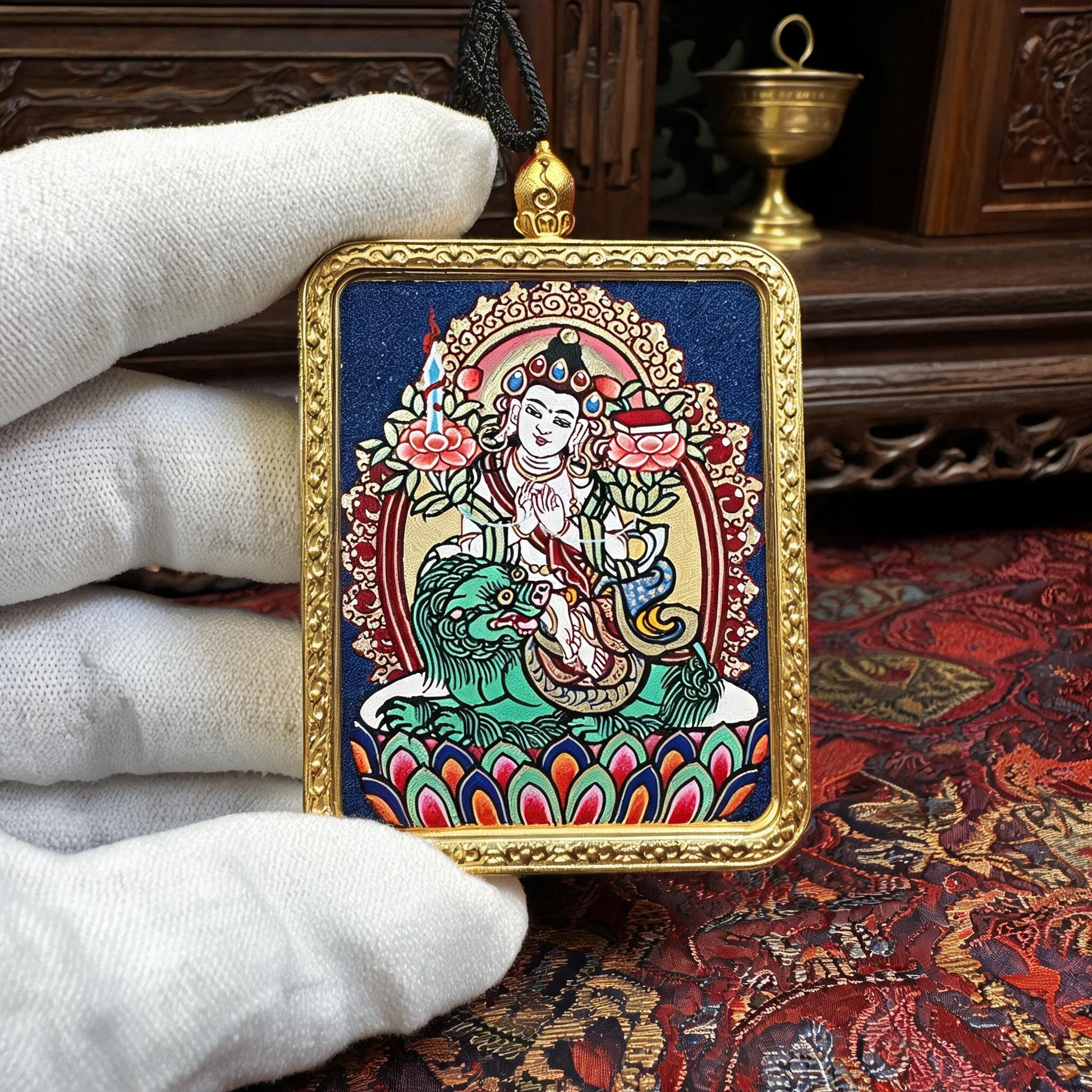 Manjushri hand-painted Thangka pendant white-glove collector inspection