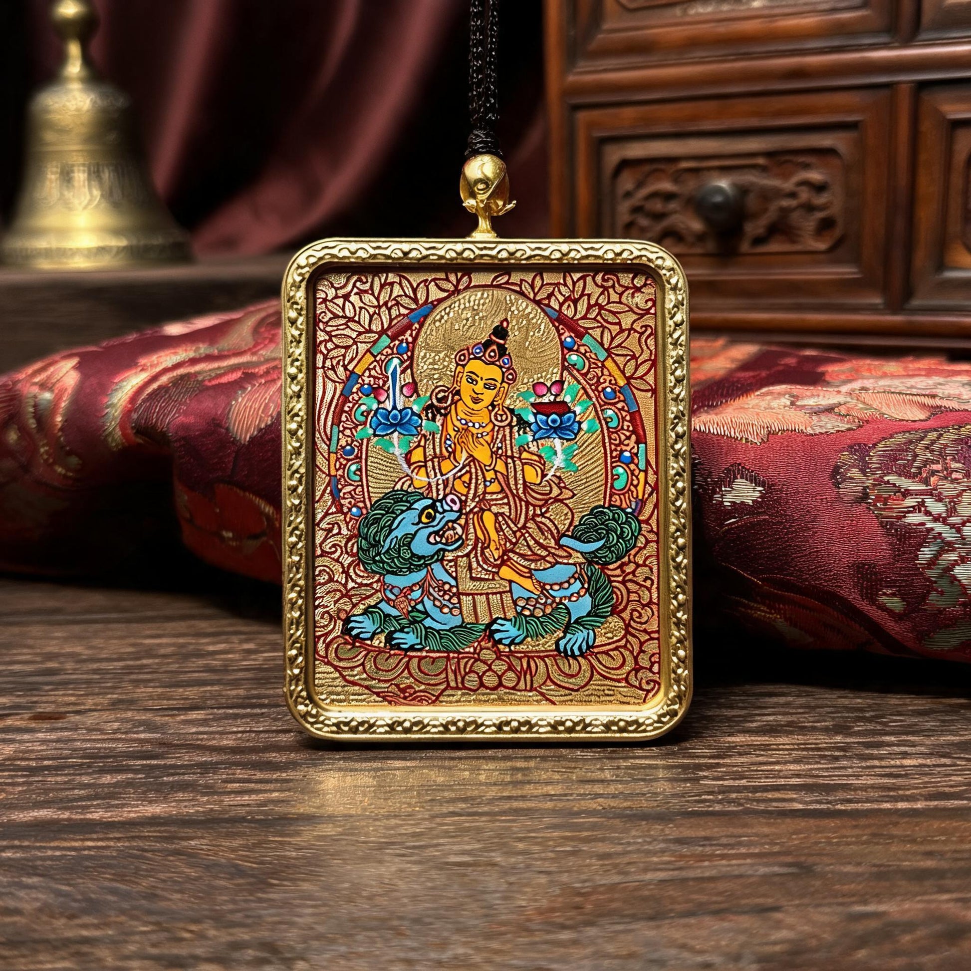 Manjushri hand-painted Thangka pendant three-quarter side view
