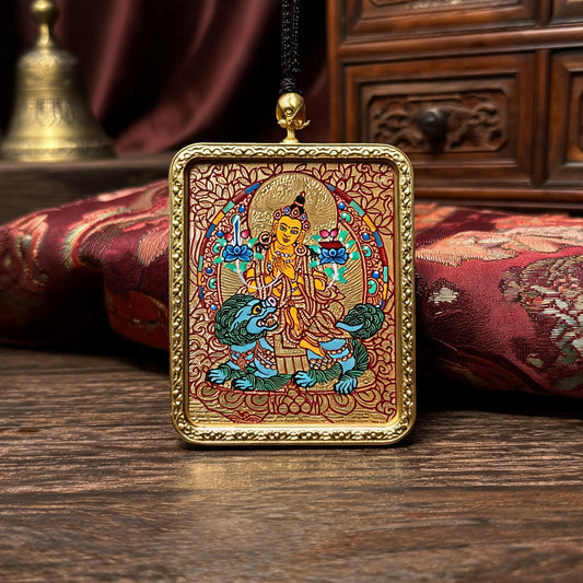 Manjushri hand-painted Thangka pendant three-quarter side view