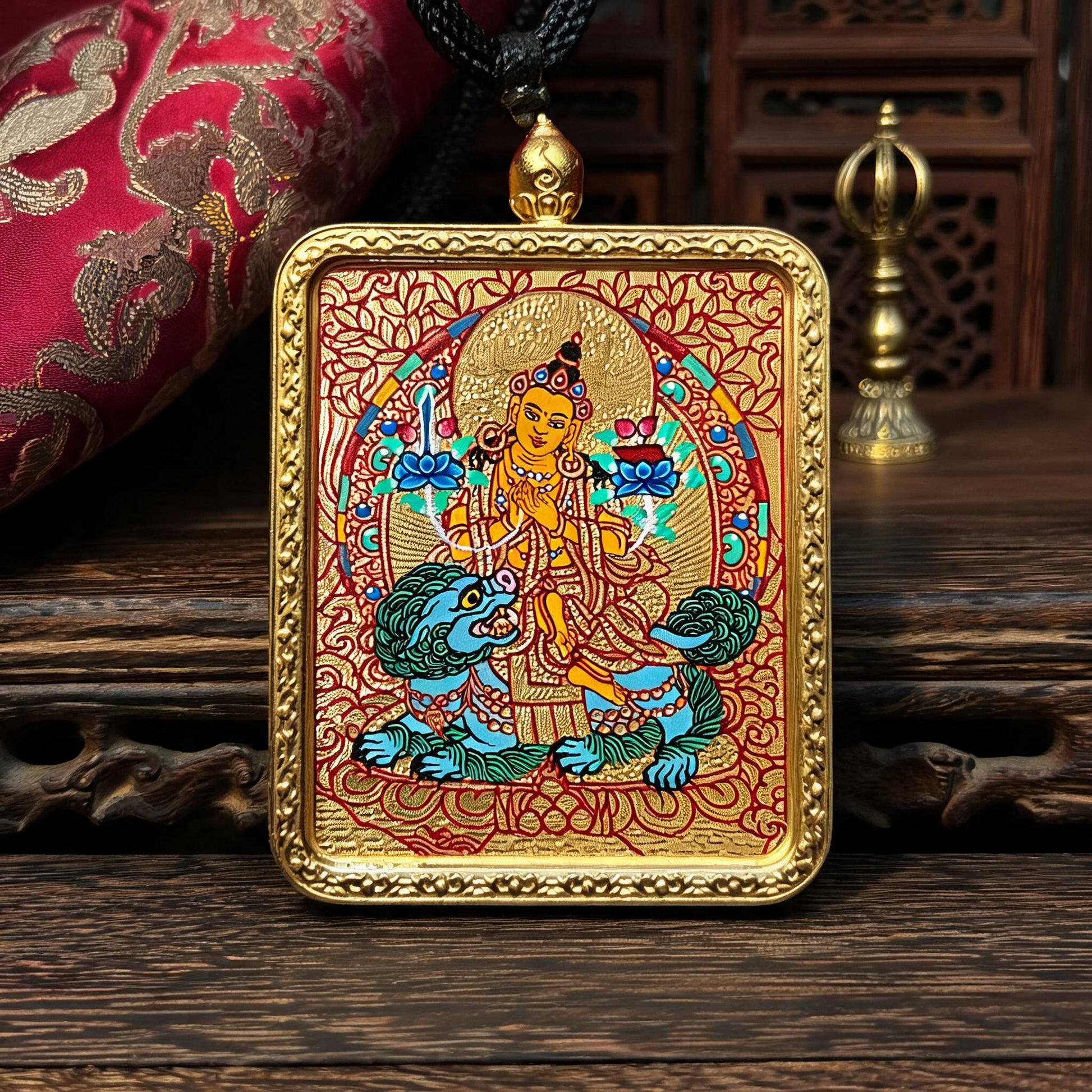Manjushri hand-painted Thangka pendant hand-painted macro detail
