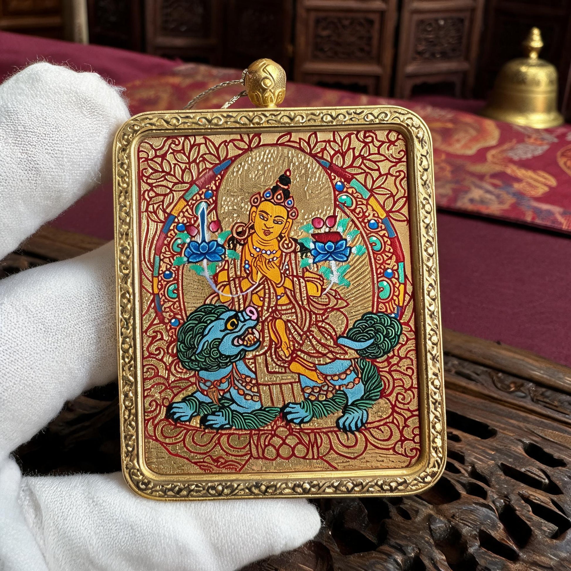 Manjushri hand-painted Thangka pendant white-glove collector inspection