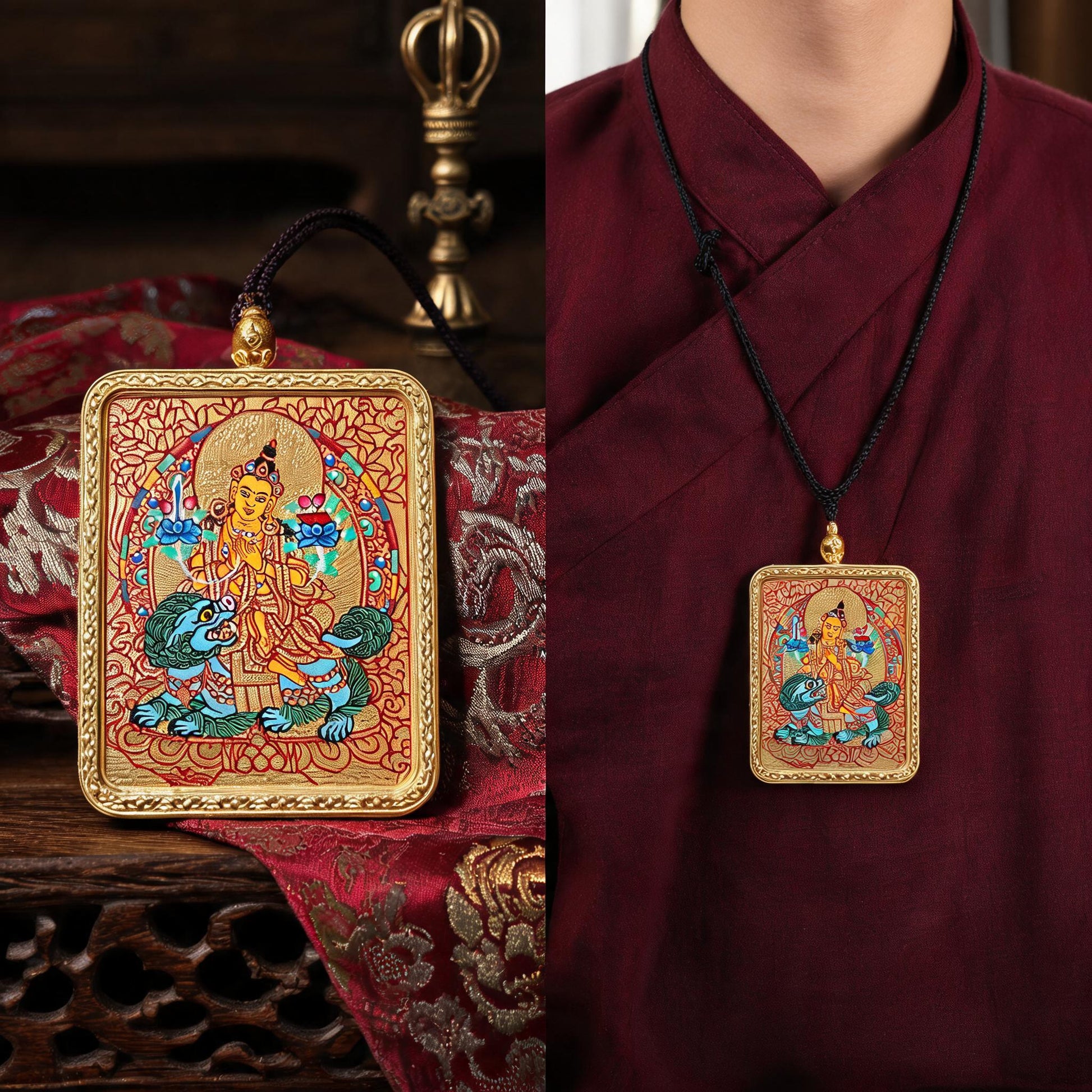 Manjushri hand-painted Thangka pendant proportional wearing view