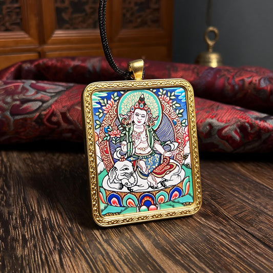 Samantabhadra hand-painted Thangka pendant three-quarter side view