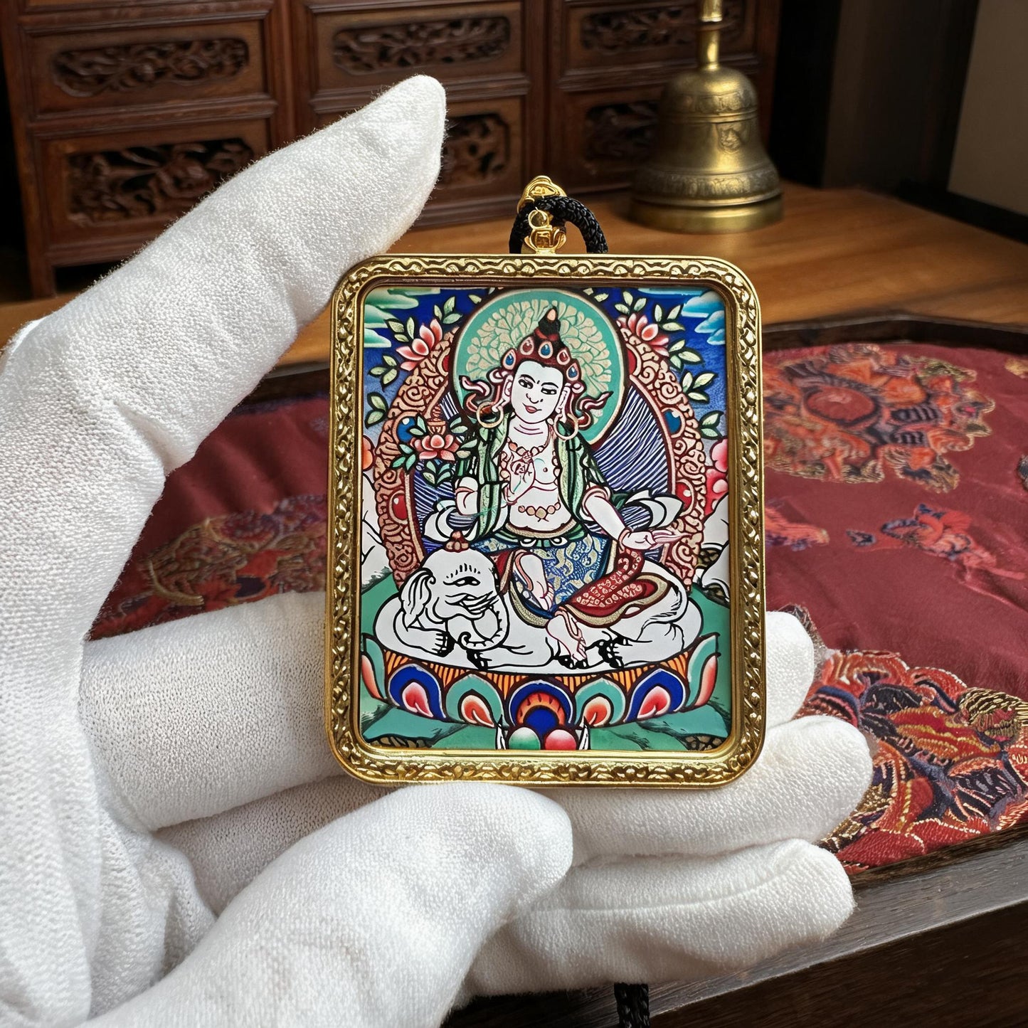 Samantabhadra hand-painted Thangka pendant white-glove collector inspection