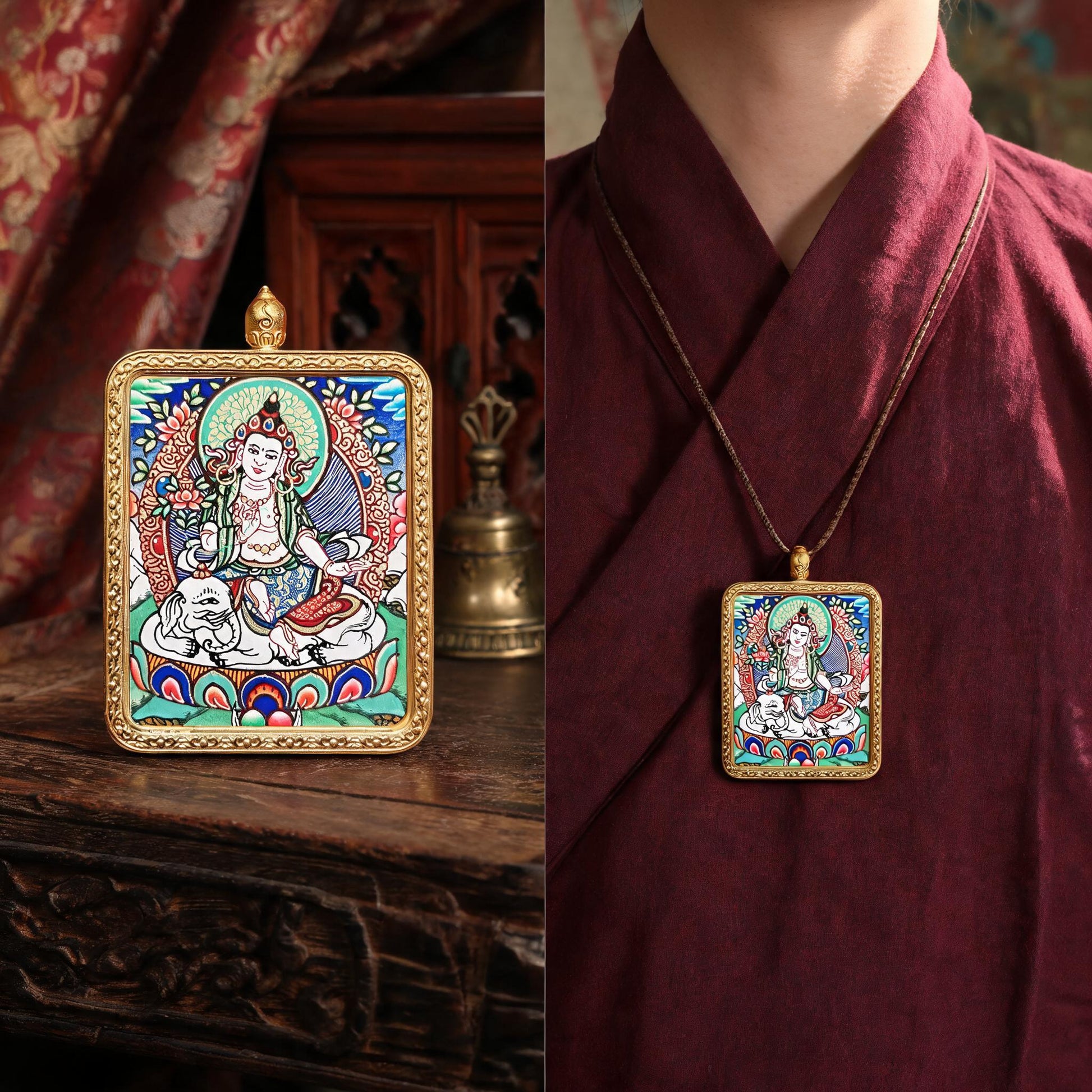 Samantabhadra hand-painted Thangka pendant proportional wearing view