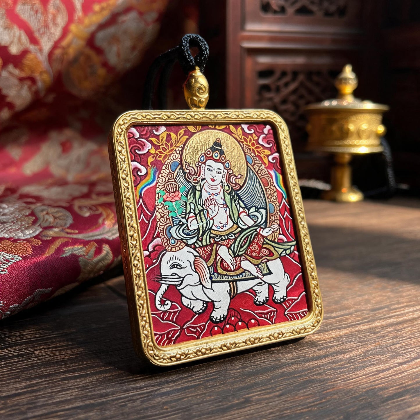 Samantabhadra hand-painted Thangka pendant three-quarter side view