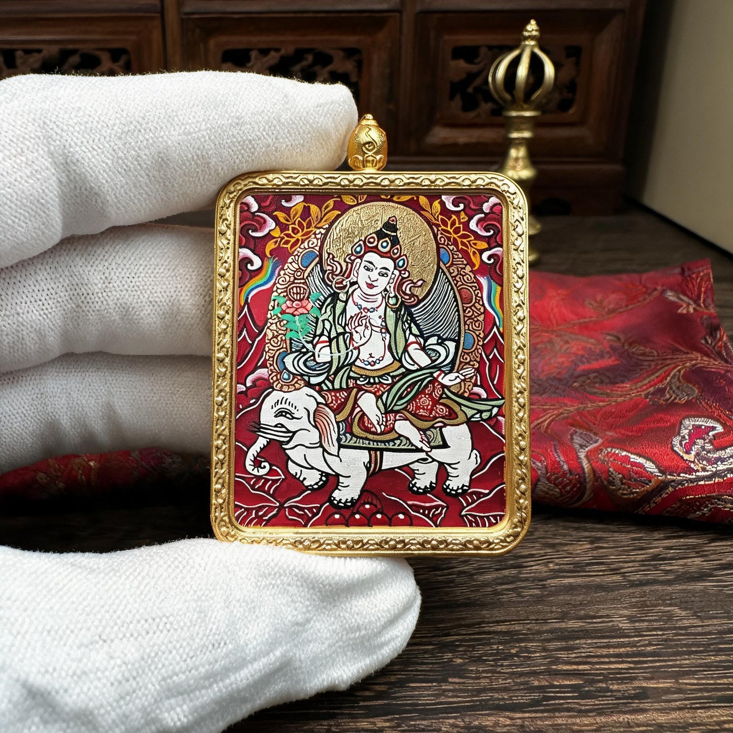 Samantabhadra hand-painted Thangka pendant white-glove collector inspection