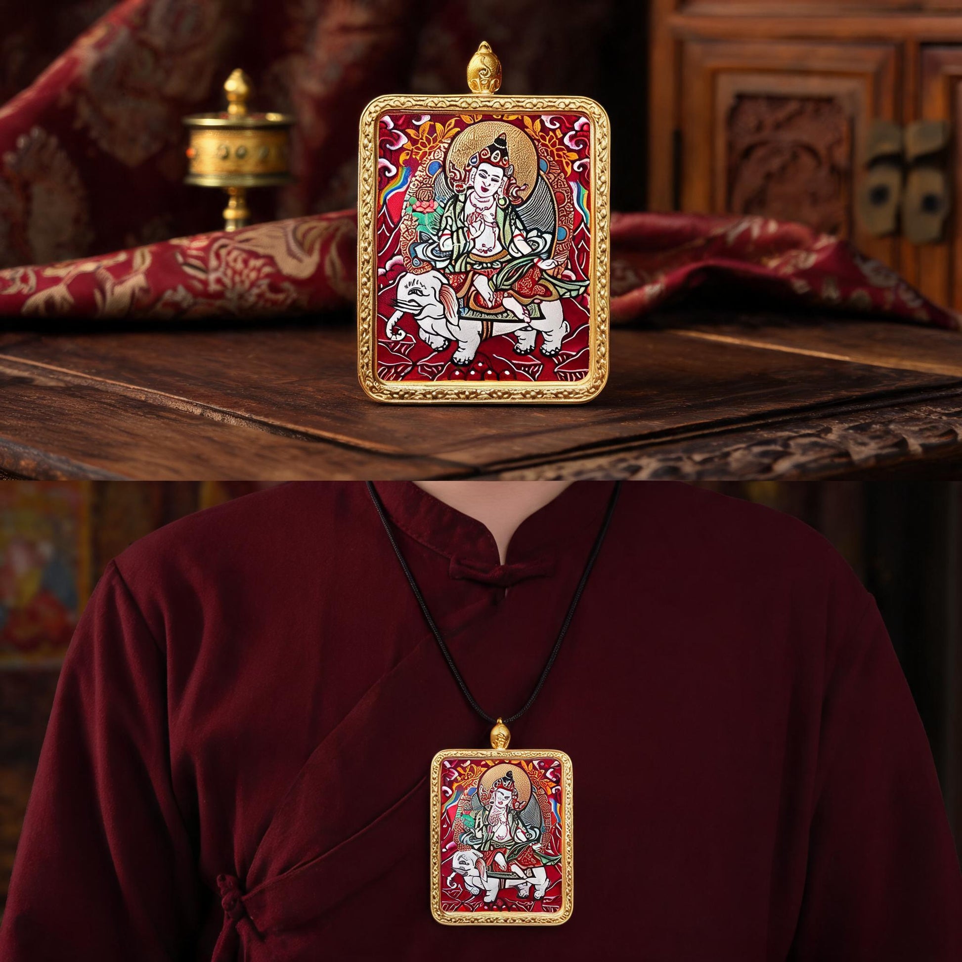 Samantabhadra hand-painted Thangka pendant proportional wearing view