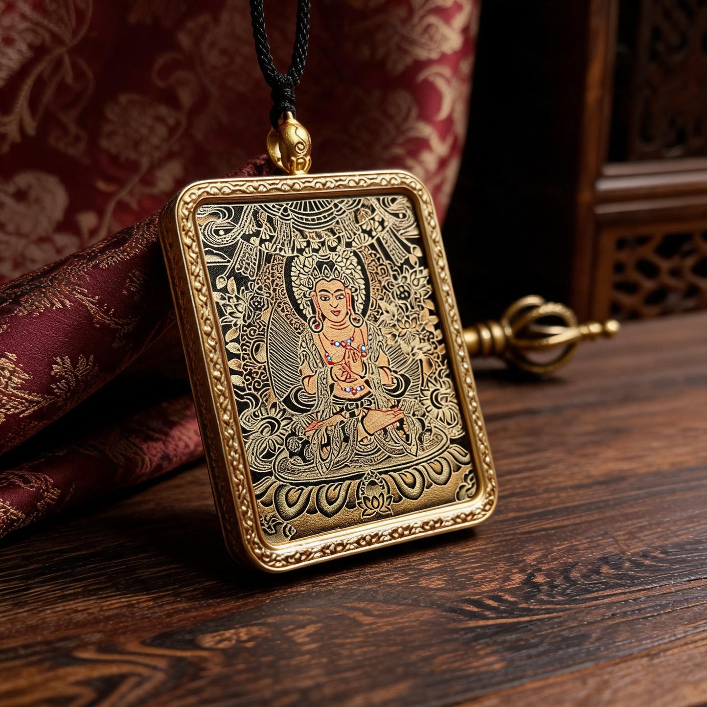 Mahasthamaprapta hand-painted Thangka pendant three-quarter side view