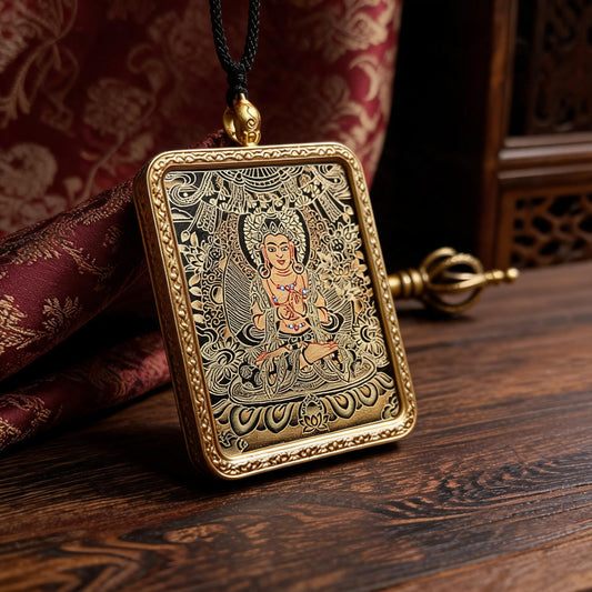 Mahasthamaprapta hand-painted Thangka pendant three-quarter side view