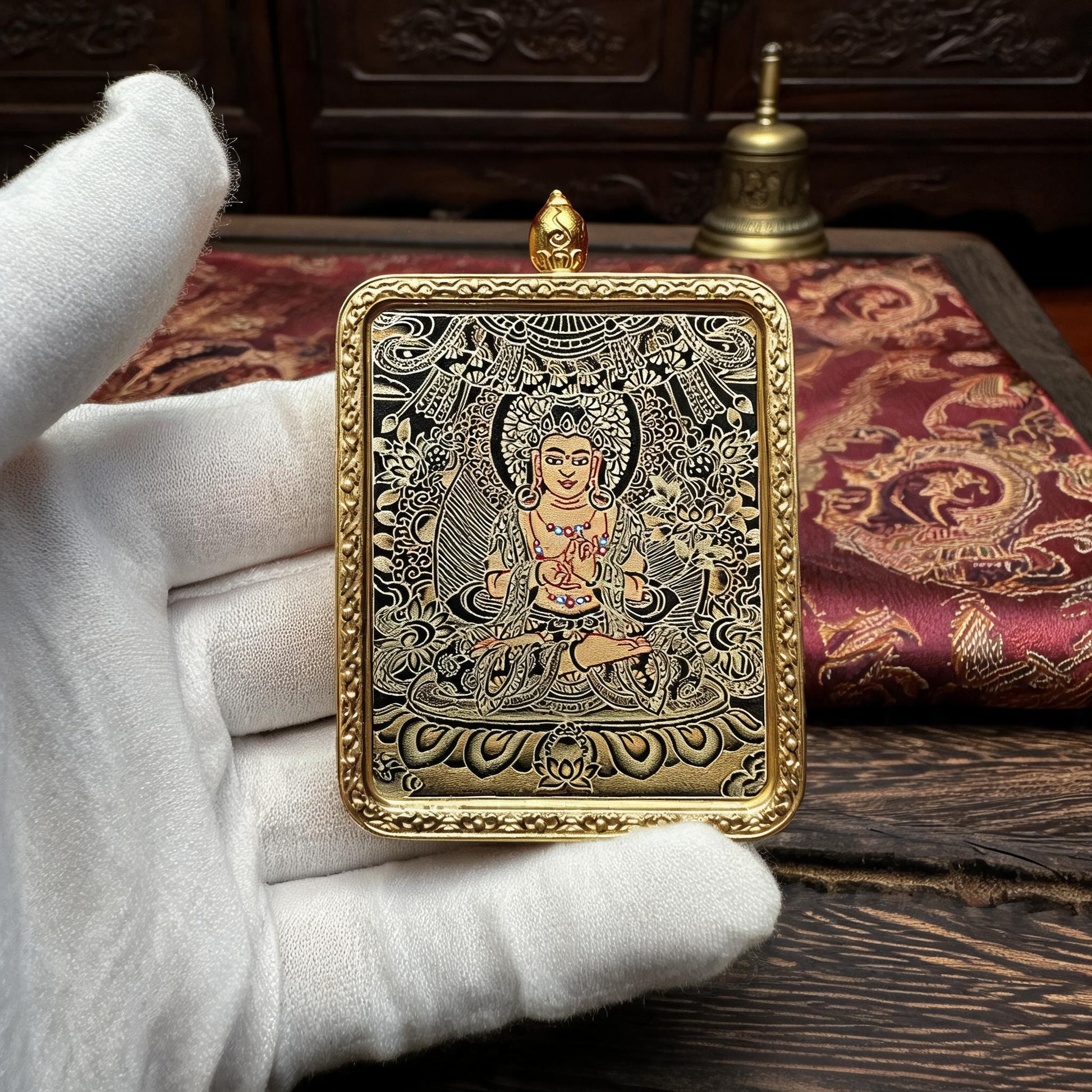 Mahasthamaprapta hand-painted Thangka pendant white-glove collector inspection
