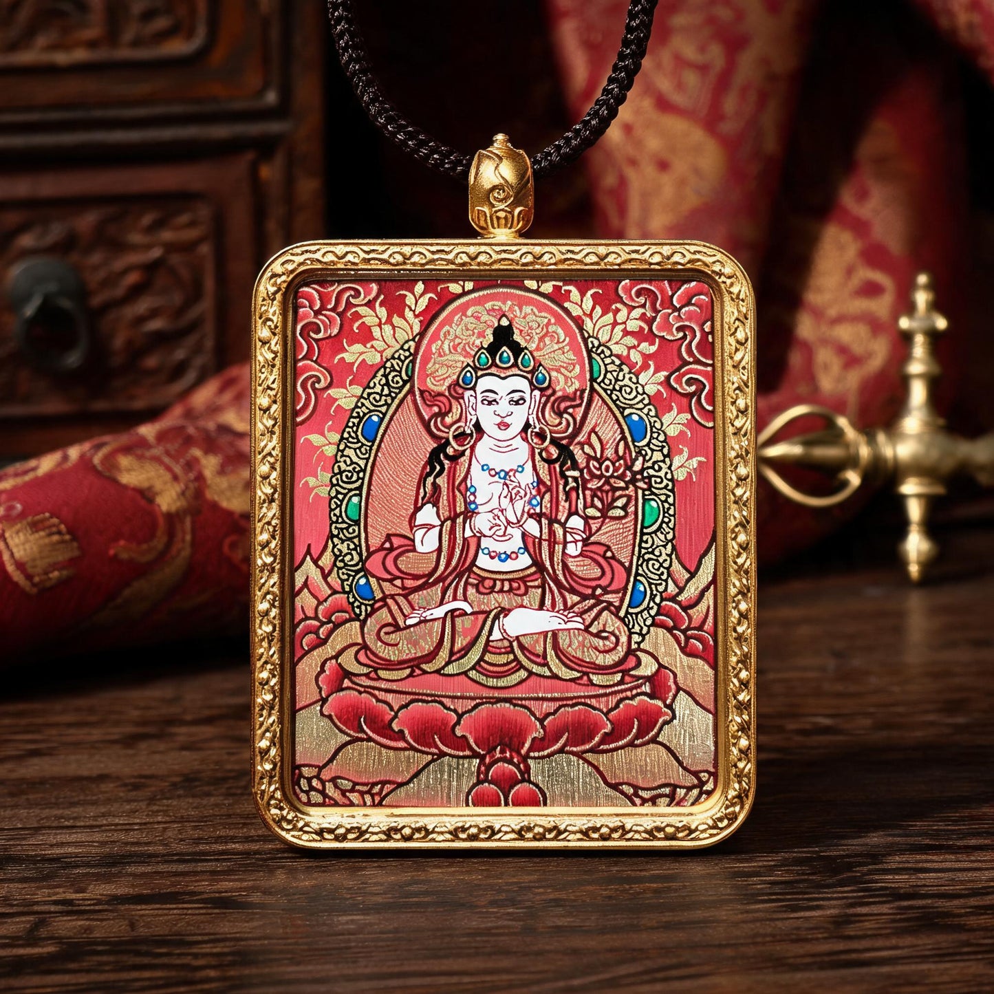 Mahasthamaprapta hand-painted Thangka pendant front hero view