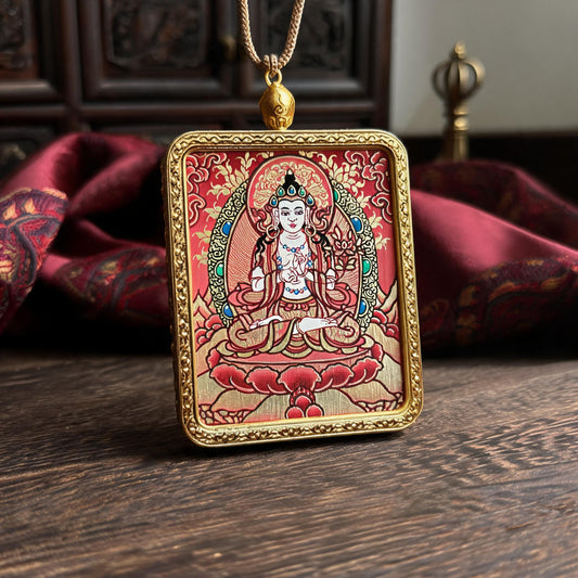 Mahasthamaprapta hand-painted Thangka pendant three-quarter side view