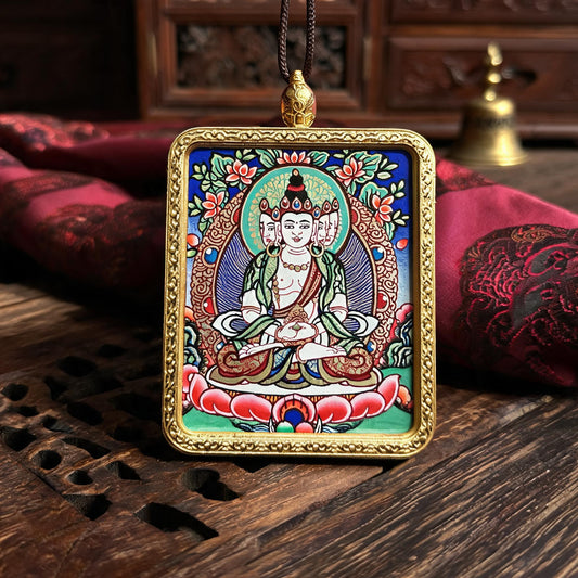 Vairocana Buddha hand-painted Thangka pendant front hero view