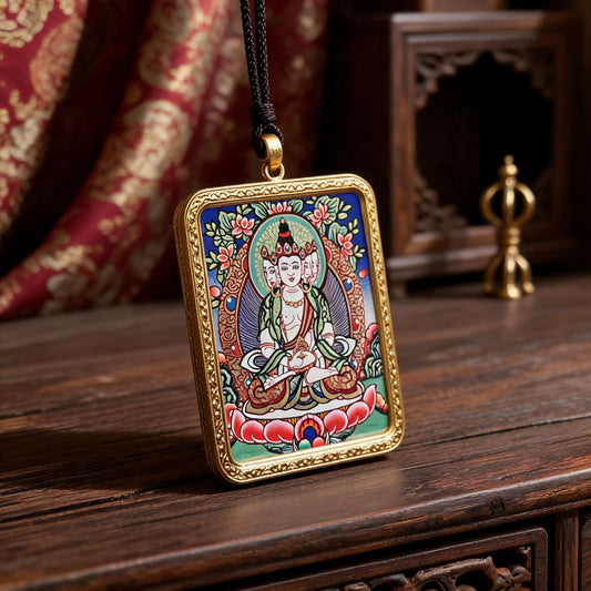 Vairocana Buddha hand-painted Thangka pendant three-quarter side view