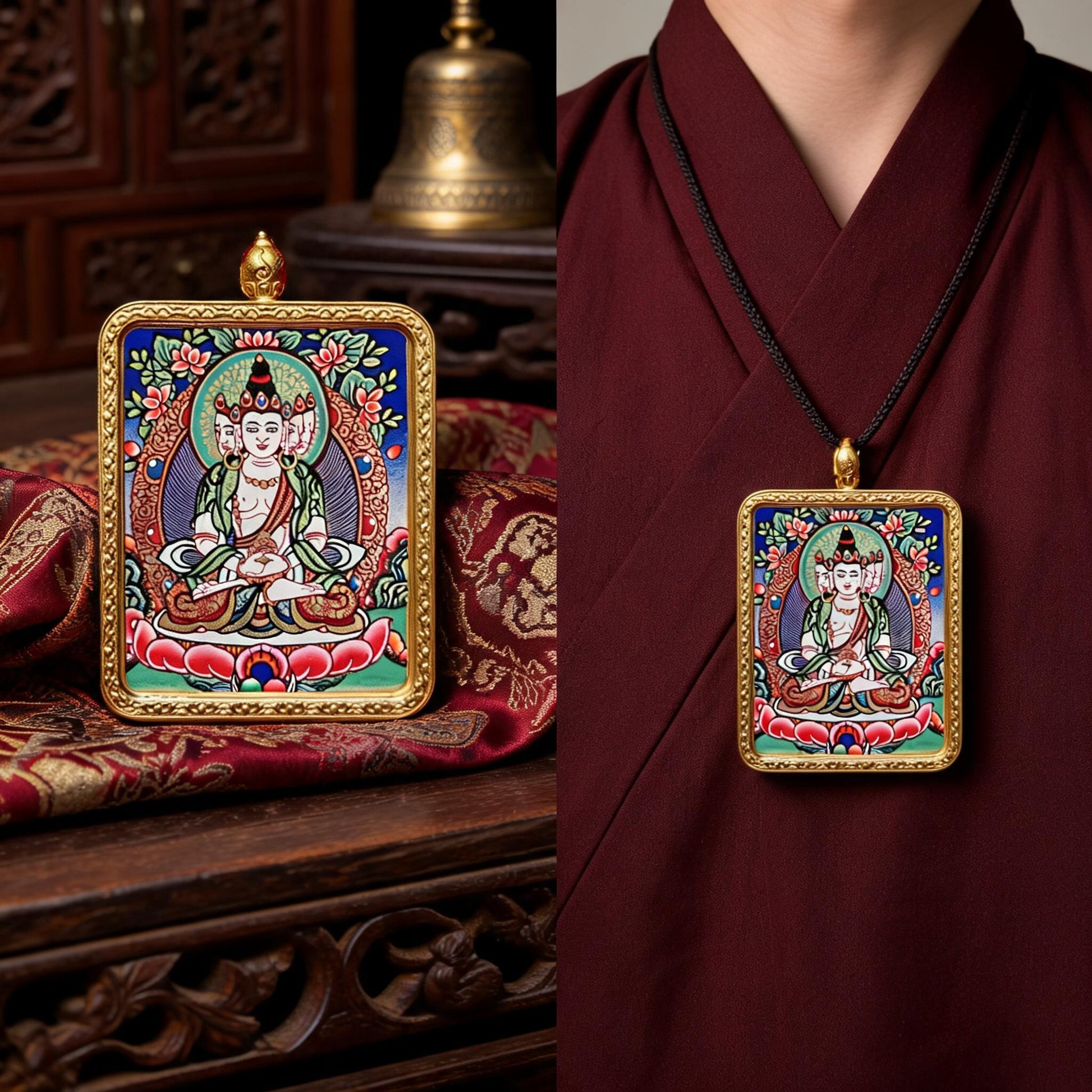 Vairocana Buddha hand-painted Thangka pendant proportional wearing view